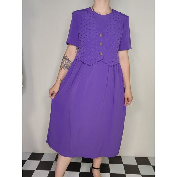 Vtg 80s 90s Leslie Fay NWT Purple Vest Button Up Coquette Tie in Back Dress - Picture 4 of 9